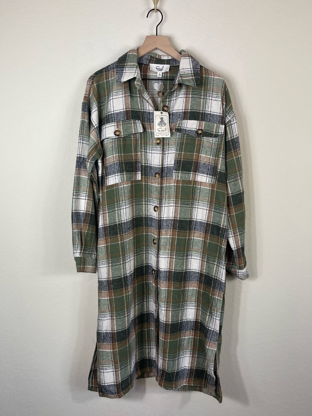 Easel Plaid Button Down Shacket Olive Green Size S NWT - Picture 5 of 8